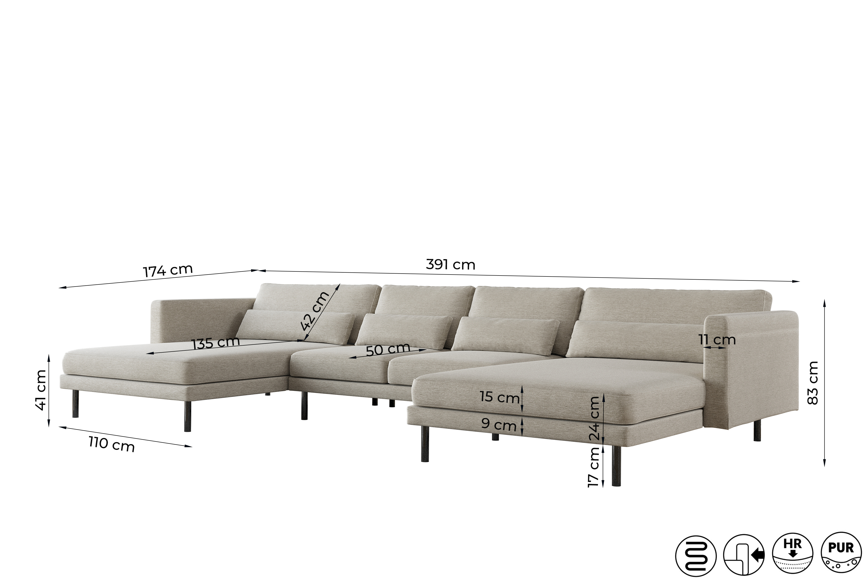 Ecksofa DANI U mit Maßen – großes Sofa in U-Form mit detaillierten Abmessungen für Wohnräume